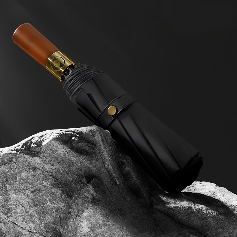 Luxury Windproof Folding Umbrella — Wooden Handle Edition