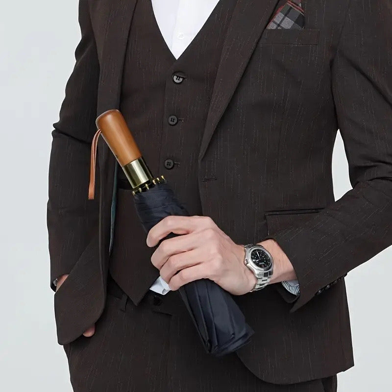 Luxury Windproof Folding Umbrella — Wooden Handle Edition
