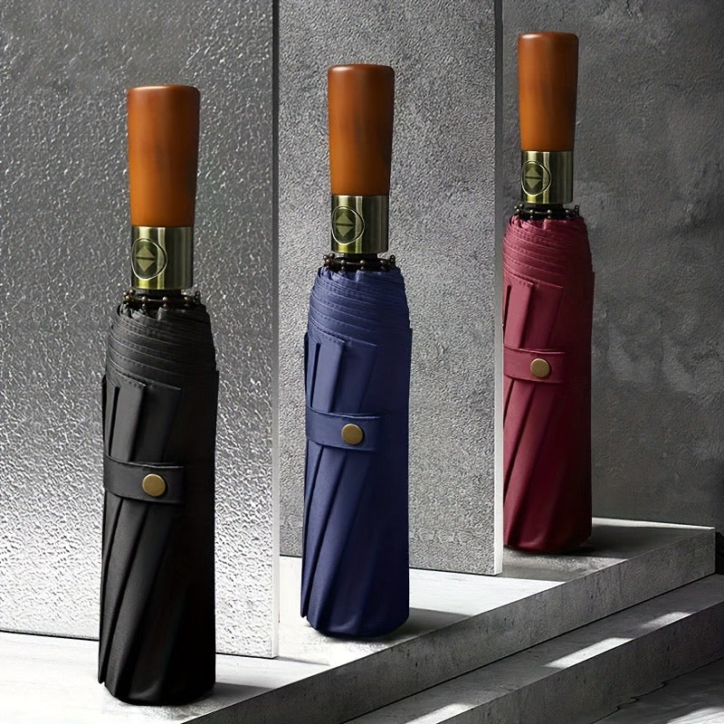Luxury Windproof Folding Umbrella — Wooden Handle Edition