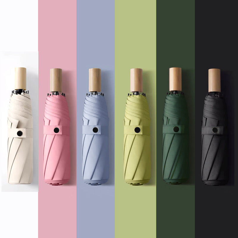 Minimalist Wooden Handle Folding Umbrella — 6 Colours