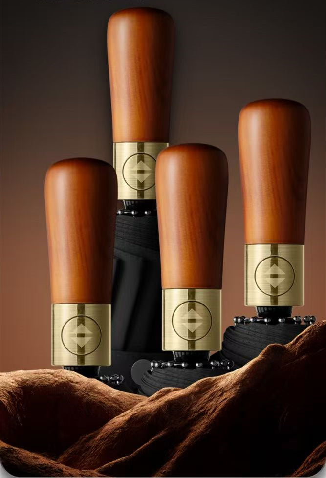 Luxury Windproof Folding Umbrella — Wooden Handle Edition