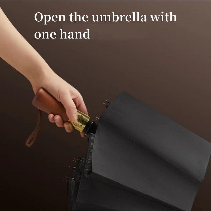 Luxury Windproof Folding Umbrella — Wooden Handle Edition
