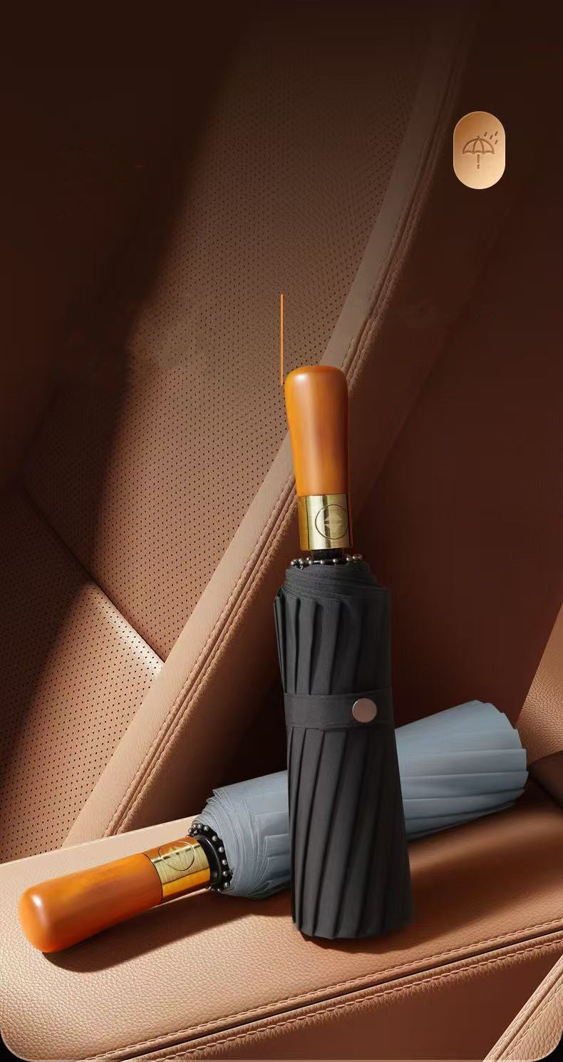 Luxury Windproof Folding Umbrella — Wooden Handle Edition