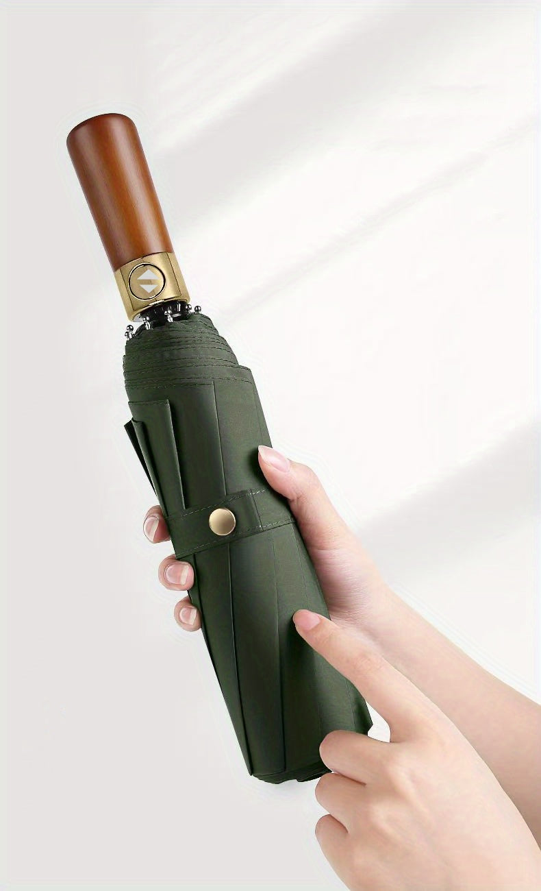 Luxury Windproof Folding Umbrella — Wooden Handle Edition