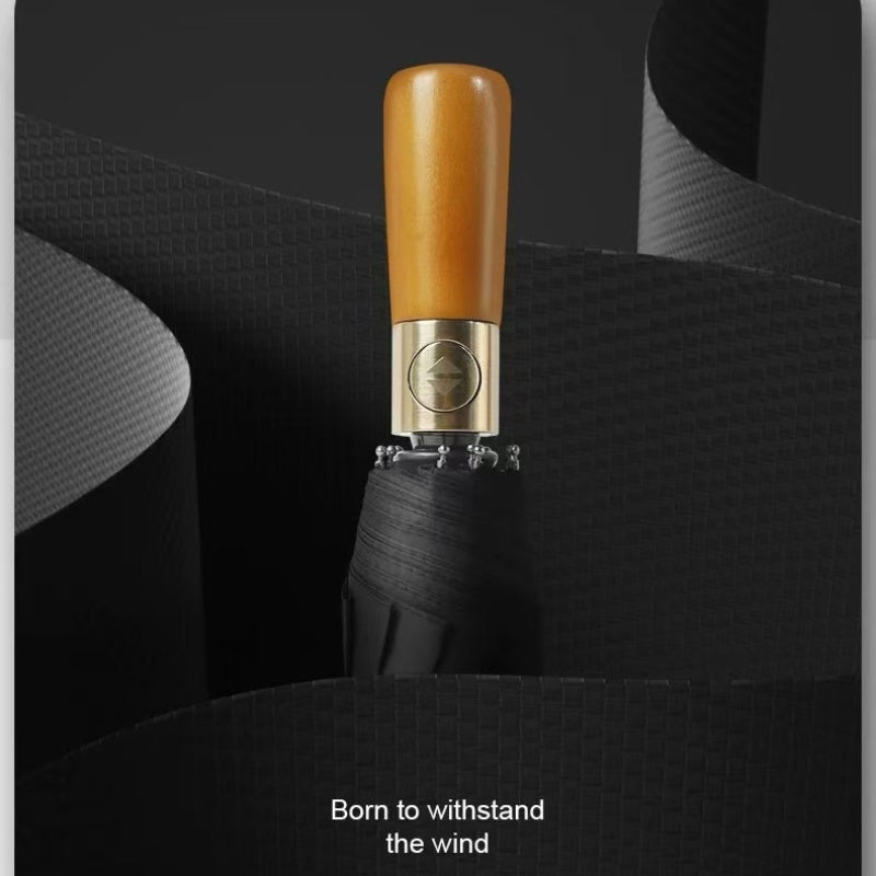 Luxury Windproof Folding Umbrella — Wooden Handle Edition